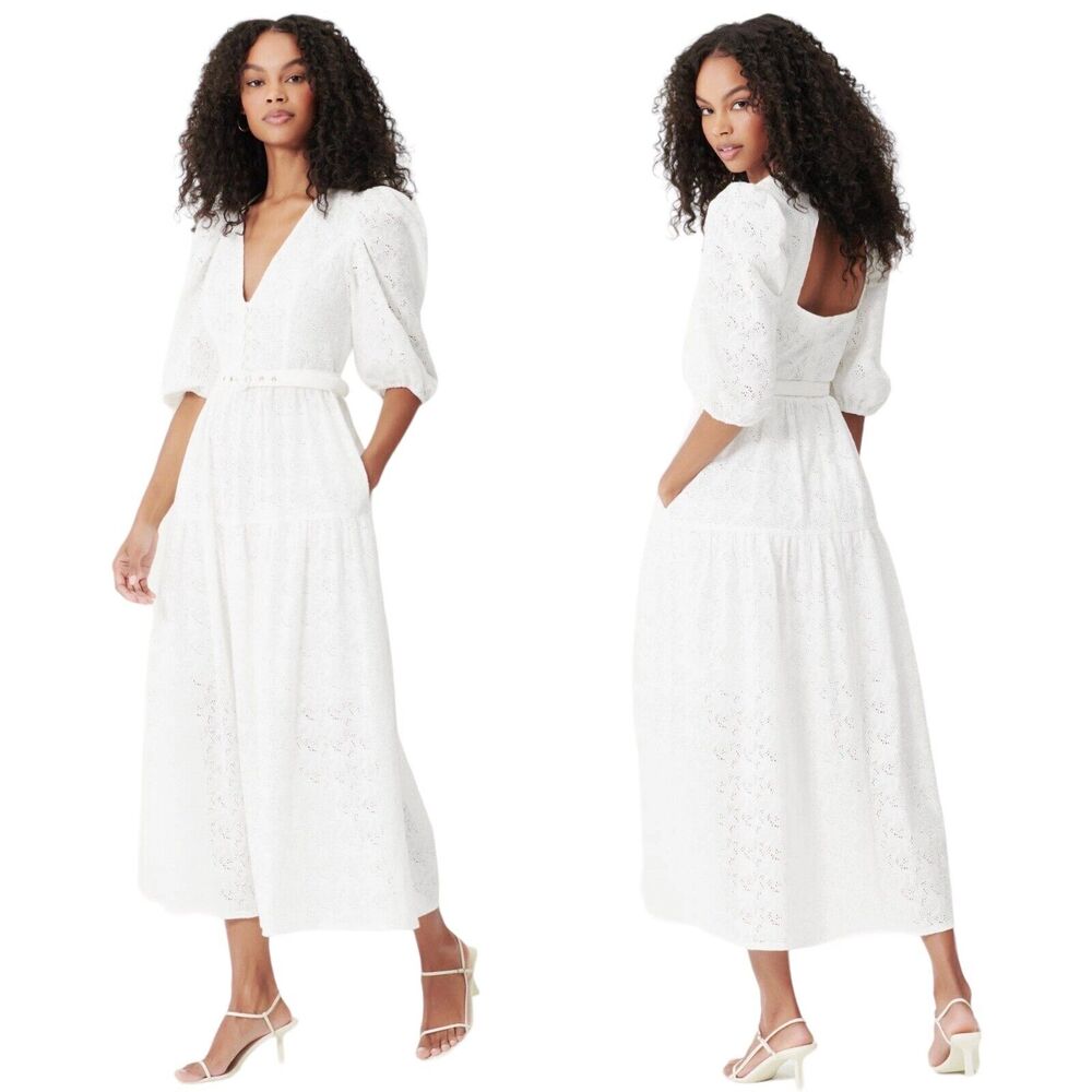 Nicholas Women 0 Celie Dress Featherington White Eyelet Midi Puff Sleeve Linen